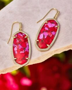 Elle Gold Drop Earrings In Bronze Veined Red And Fuchsia Magnesite -Jewelry Shop Kendra Scott Elle Drop Earring Bronze Veined Red Fuschia Magnesite Gold 02