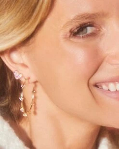 Haven Gold Crystal Heart Hoop Earrings In Pink Crystal -Jewelry Shop Kendra Scott Haven Hoop Earring Pink Crystal Gold 00