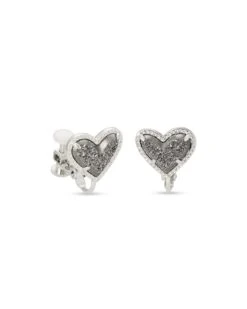 Ari Heart Silver Stud Clip On Earrings In Platinum Drusy