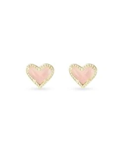 Ari Heart Gold Stud Earrings In Rose Quartz