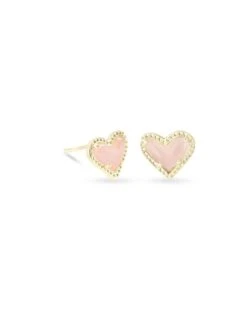 Ari Heart Gold Stud Earrings In Rose Quartz -Jewelry Shop kendra scott ari heart earring rose quartz 01 lg
