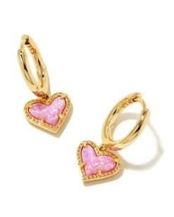 Ari Heart Gold Huggie Earrings In Bubblegum Pink Kyocera Opal