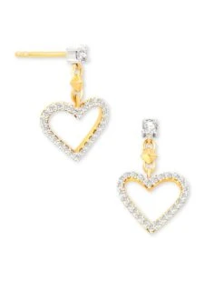 Open Heart 14k Yellow Gold Drop Earrings In White Diamond