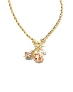 Barbie™ X Kendra Scott Gold Pearl Charm Convertible Necklace In Pink Iridescent Glitter Glass -Jewelry Shop kendra scott barbie pearl charm convertible necklace gold pink iridescent glitter glass 01 00