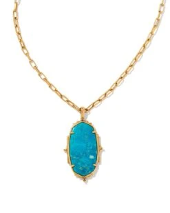 Baroque Ella Vintage Gold Long Pendant Necklace In Variegated Dark Teal Magnesite