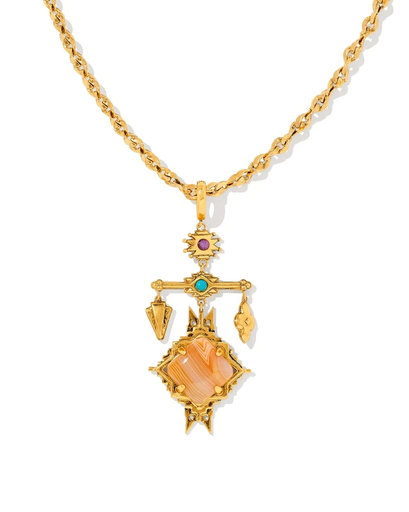Cass Vintage Gold Large Long Pendant Necklace In Orange Banded Agate 3 Cass Vintage Gold Large Long Pendant Necklace In Orange Banded Agate