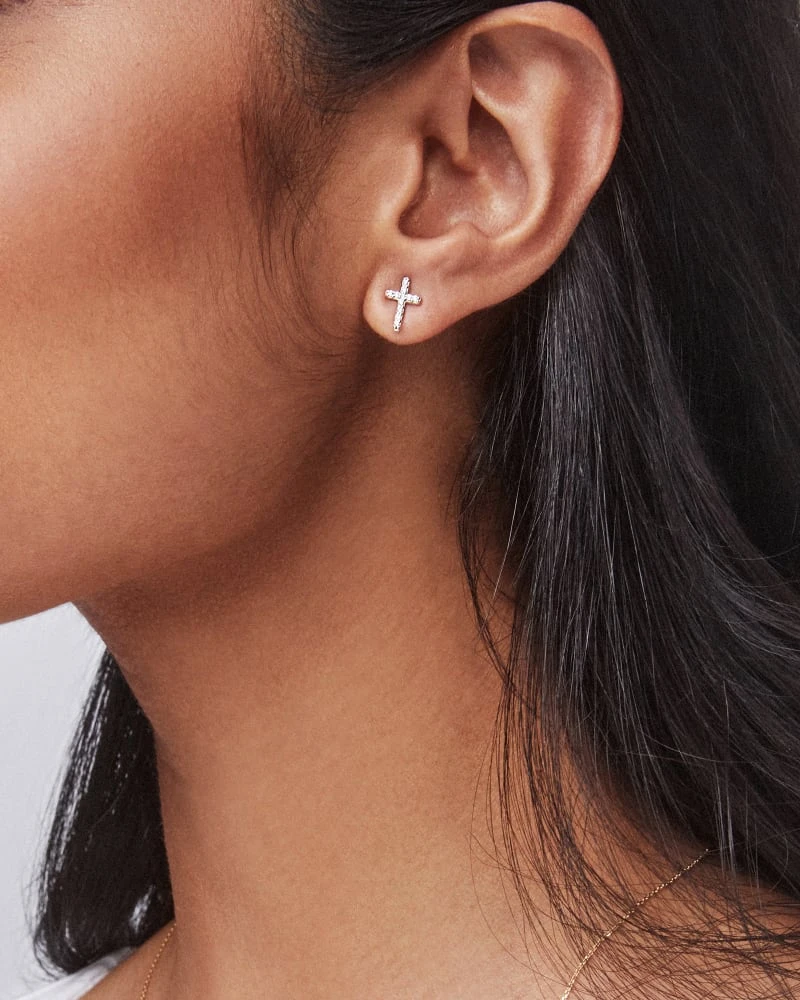 Cross 14k Yellow Gold Medium Stud Earrings In White Diamond 4 Cross 14k Yellow Gold Medium Stud Earrings In White Diamond - Image 2