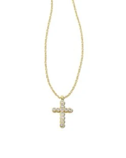 Cross Gold Pendant Necklace In White Crystal