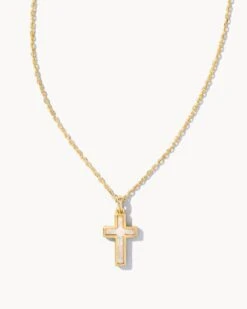 Cross Gold Pendant Necklace In White Kyocera Opal