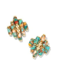Ember Gold Statement Stud Earrings In Bronze Veined Turquoise Magnesite Red Oyster