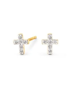 Cross 14k Yellow Gold Small Stud Earrings In White Diamond