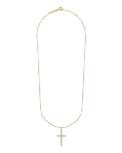 Large Cross 14k Yellow Gold Pendant Necklace In White Diamond -Jewelry Shop kendra scott fine lg cross pendant necklace 14k gold wt diamond 01 lg