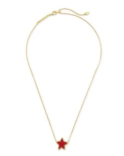 Jae Star Gold Pendant Necklace In Bright Red Drusy -Jewelry Shop kendra scott jae star short pendant necklace gold bright red drusy 01 lg