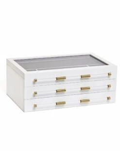 Large Antique Brass Jewelry Box In White Lacquer
