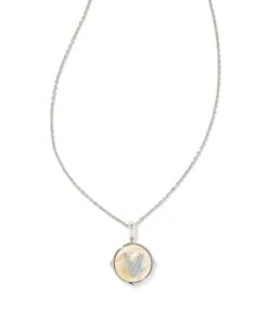 Letter V Silver Disc Reversible Pendant Necklace In Iridescent Abalone