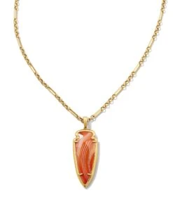 Skylar Vintage Gold Small Long Pendant In Orange Banded Agate